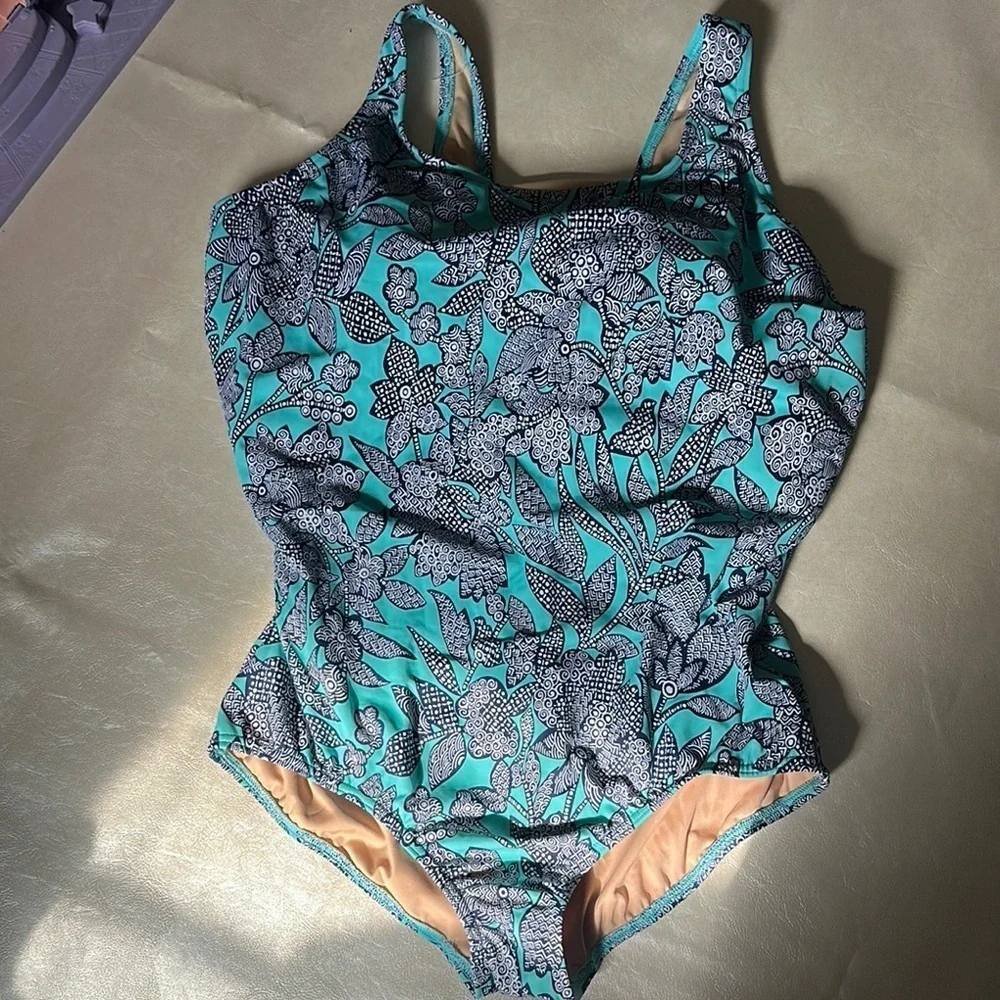 Lands' End Blue Floral One Piece Swimsuit
